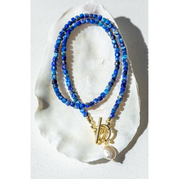 Summer Necklace Blue Lapis Lazuli Bead Gemstone Necklace Gold Toggle Clasp - Picture 1 of 10